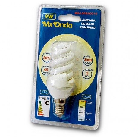 Bombilla bajo consumo E14 9W Luz cálida Mx-Onda L09E3CC14
