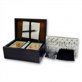 Conjunto dados, cartas y dominó en caja de madera