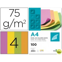 PAPEL COLOR LIDERPAPEL DIN-A4 75 GRAMOS NEON 4 COLORES SURTIDOS PAQUETE DE 100 HOJAS