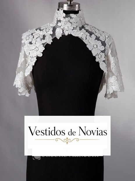 Chaqueta de encaje para novia manga corta y cuello cisne