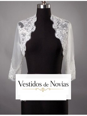 Chaqueta de encaje para novia con cuello de cisne y manga larga 3/4