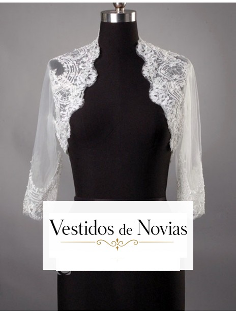 Chaqueta de encaje para novia con cuello de cisne y manga larga 3/4