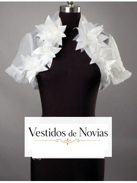 Chaqueta de tul para novia con plisados adornada con flores de manga corta