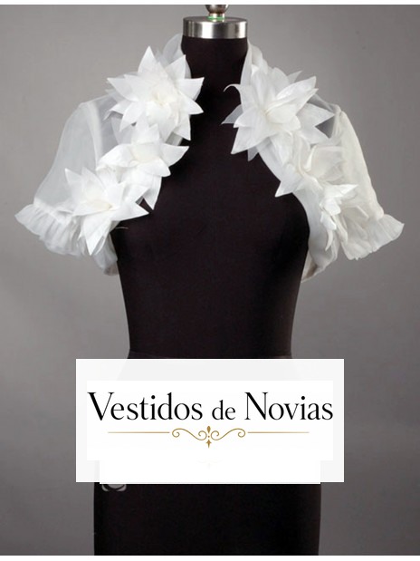 Chaqueta de tul para novia con plisados adornada con flores de manga corta