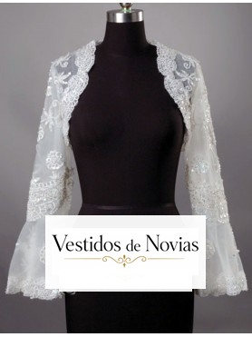 Chaqueta de tul con encajes y pedreria para novia con adornados florales y manga larga