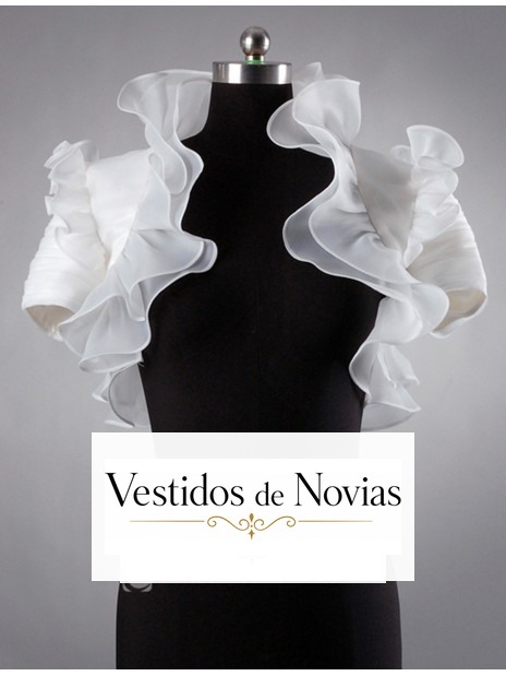 Chaqueta para novia con plisados adornada con volantes, con cuello y de manga corta