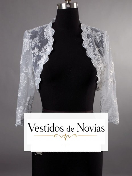 Chaqueta con encaje y pedreria para novia con adornados florales y manga francesa