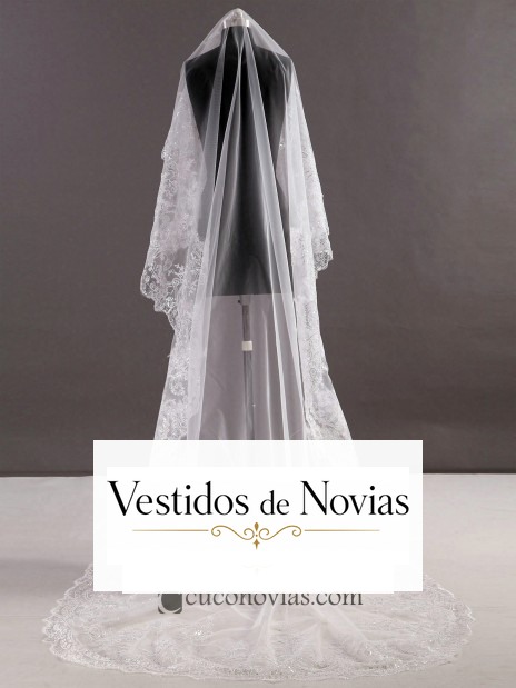 Velo largo de tul adornado con bordados florales en los extremos